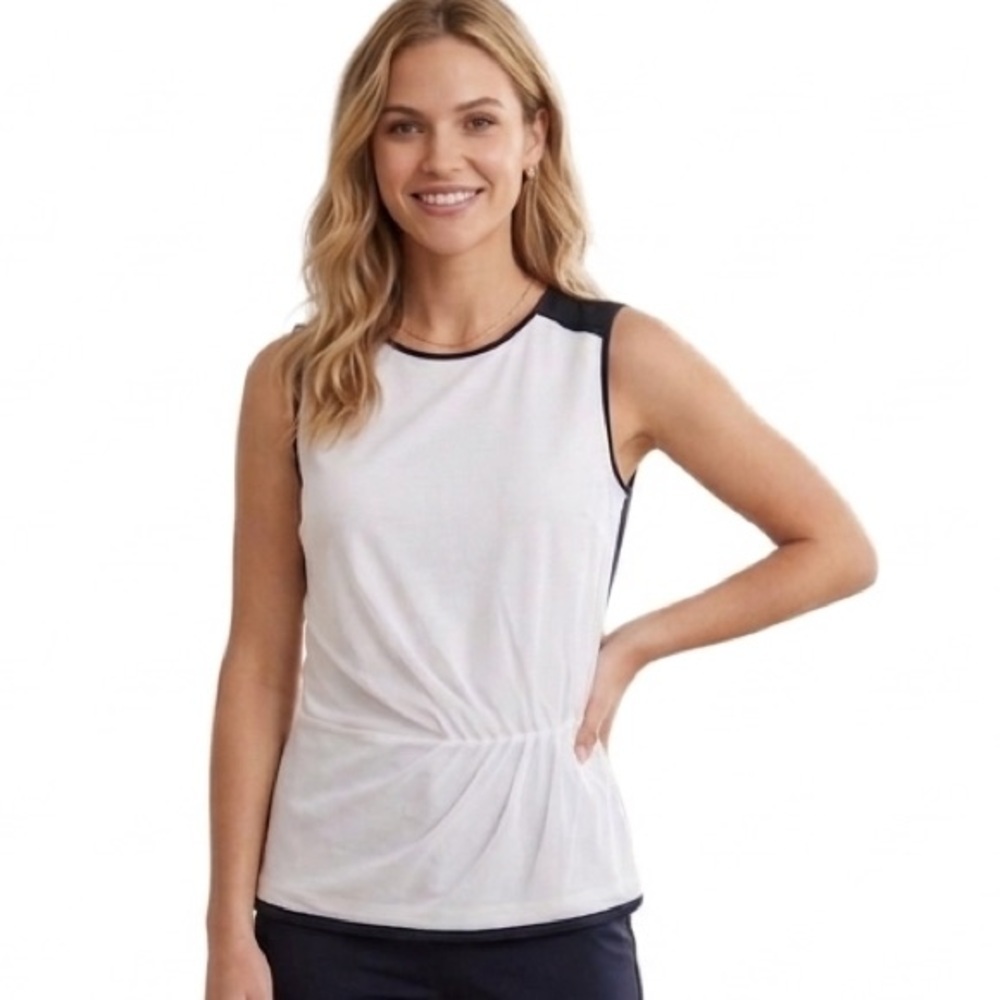 Ann Taylor Fitted Mesh Ruched Overlay Top Blouse Crew Neck Dressy Fitted Zip XS